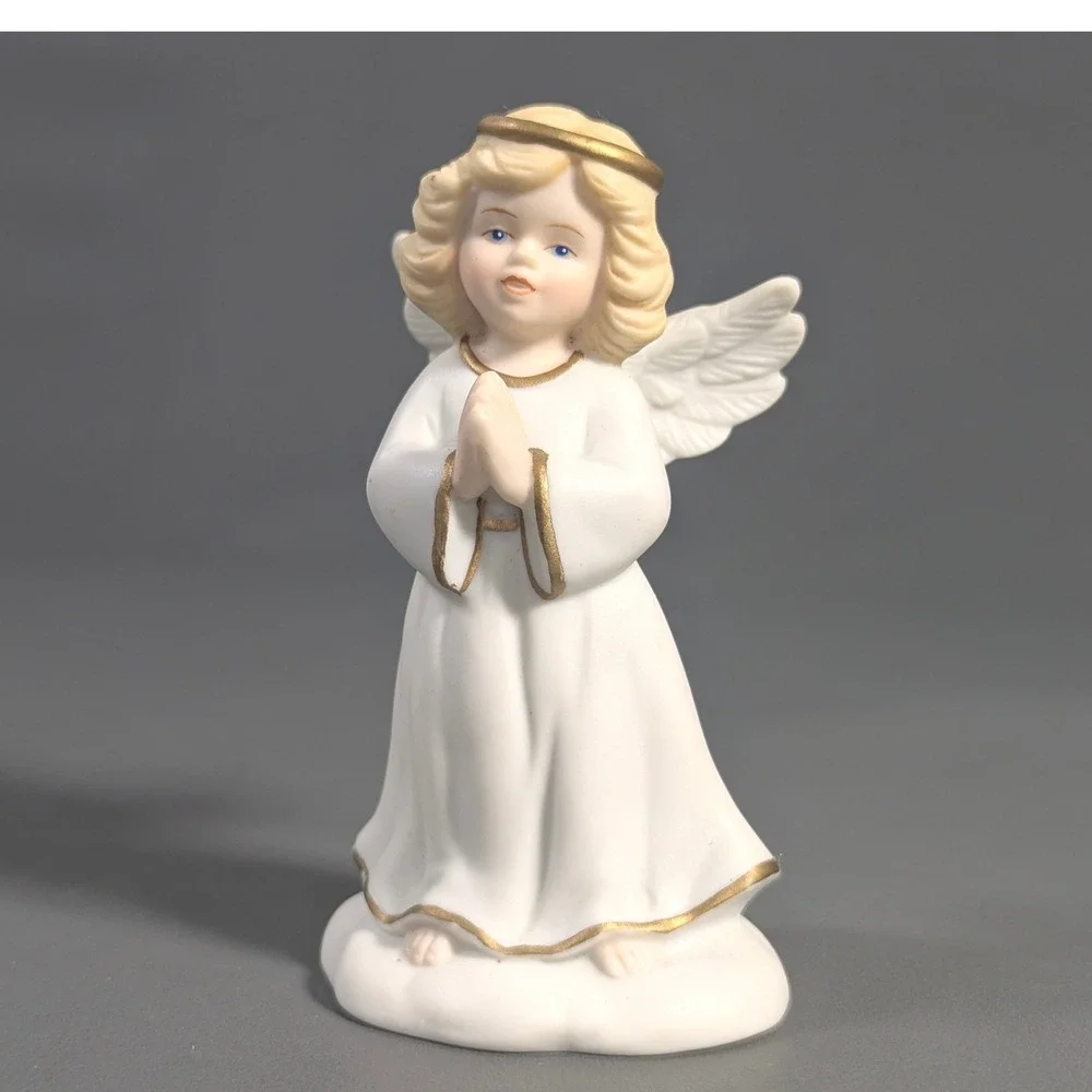 Golden Blessing 1996 Bisque Porcelain Praying Angel Figurine Gold Trim White